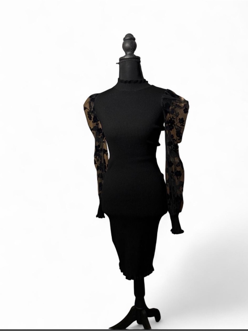 Almost Famous Black Ribbed Midi Dress with Sheer Floral Puff Sleeves
